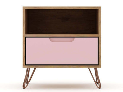 Manhattan Comfort Rockefeller Mid-Century Modern Nightstand with Drawer - Natural &amp; Rose Pink|Table de nuit Rockefeller de Manhattan Comfort de style moderne du milieu du 20e siècle avec tiroir - naturelle et rose