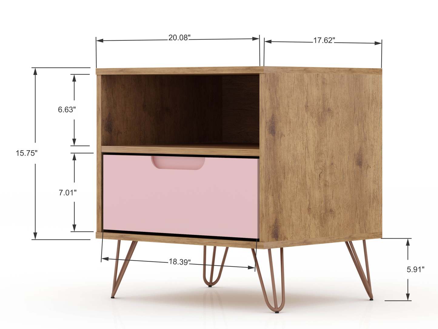 Manhattan Comfort Rockefeller Mid-Century Modern Nightstand with Drawer - Natural &amp; Rose Pink|Table de nuit Rockefeller de Manhattan Comfort de style moderne du milieu du 20e siècle avec tiroir - naturelle et rose