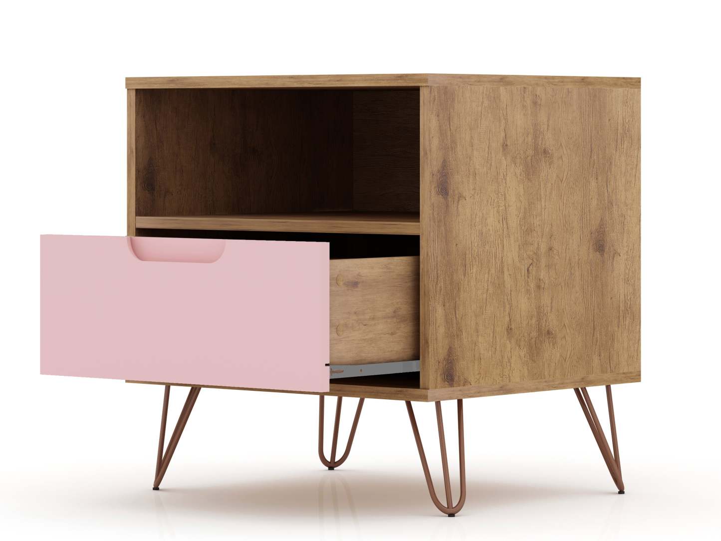 Manhattan Comfort Rockefeller Mid-Century Modern Nightstand with Drawer - Natural &amp; Rose Pink|Table de nuit Rockefeller de Manhattan Comfort de style moderne du milieu du 20e siècle avec tiroir - naturelle et rose