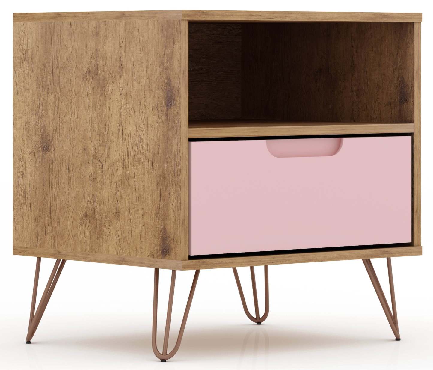 Manhattan Comfort Rockefeller Mid-Century Modern Nightstand with Drawer - Natural &amp; Rose Pink|Table de nuit Rockefeller de Manhattan Comfort de style moderne du milieu du 20e siècle avec tiroir - naturelle et rose