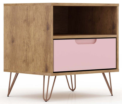 Manhattan Comfort Rockefeller Mid-Century Modern Nightstand with Drawer - Natural &amp; Rose Pink|Table de nuit Rockefeller de Manhattan Comfort de style moderne du milieu du 20e siècle avec tiroir - naturelle et rose