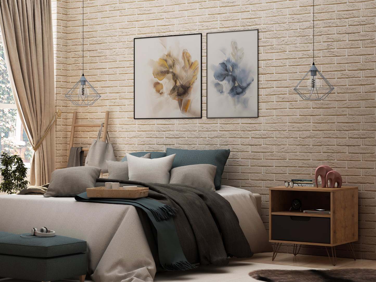 Manhattan Comfort Rockefeller Mid-Century Modern Nightstand with Drawer - Natural &amp; Textured Grey|Table de nuit Rockefeller de Manhattan Comfort de style moderne du milieu du 20e siècle avec tiroir - naturel et gris texturé