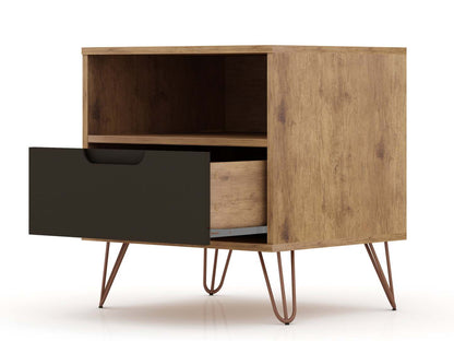 Manhattan Comfort Rockefeller Mid-Century Modern Nightstand with Drawer - Natural &amp; Textured Grey|Table de nuit Rockefeller de Manhattan Comfort de style moderne du milieu du 20e siècle avec tiroir - naturel et gris texturé