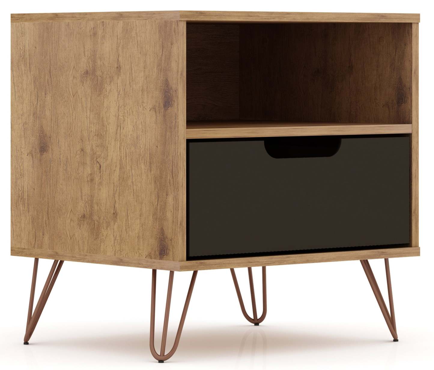 Manhattan Comfort Rockefeller Mid-Century Modern Nightstand with Drawer - Natural &amp; Textured Grey|Table de nuit Rockefeller de Manhattan Comfort de style moderne du milieu du 20e siècle avec tiroir - naturel et gris texturé