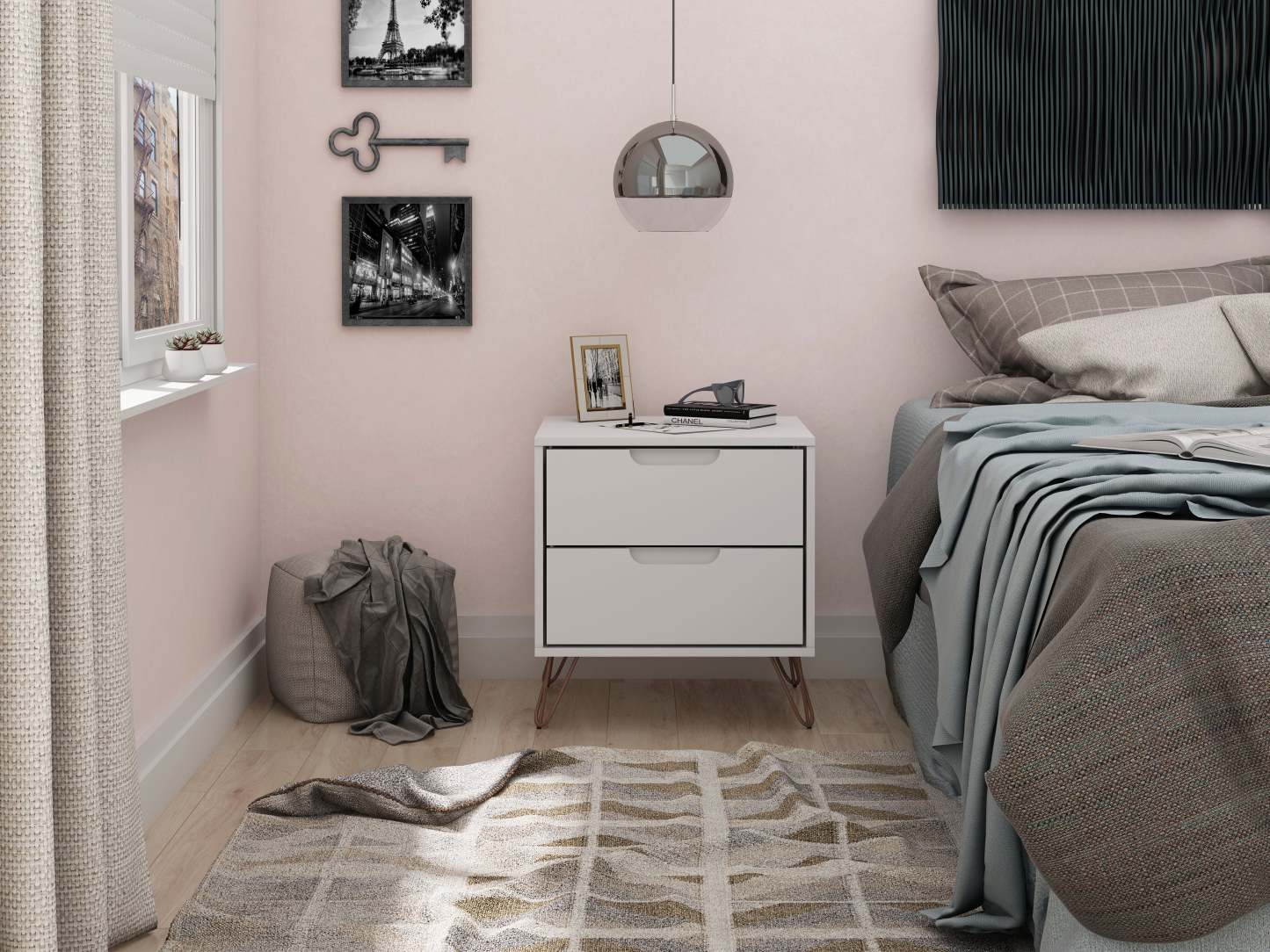 Manhattan Comfort Rockefeller Mid-Century Modern Nightstand with 2 Drawers - White|Table de nuit Rockefeller de Manhattan Comfort de style moderne du milieu du 20e siècle avec 2 tiroirs - blanche