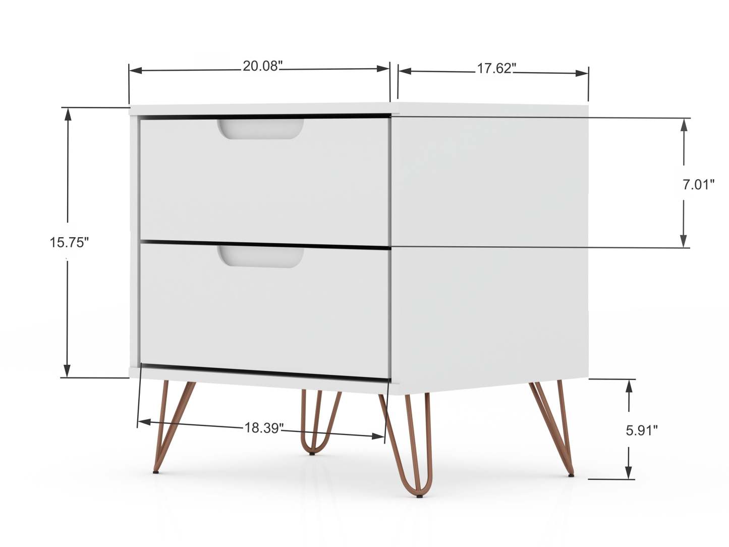 Manhattan Comfort Rockefeller Mid-Century Modern Nightstand with 2 Drawers - White|Table de nuit Rockefeller de Manhattan Comfort de style moderne du milieu du 20e siècle avec 2 tiroirs - blanche