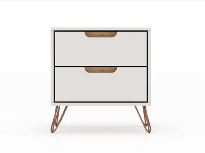 Manhattan Comfort Rockefeller Mid-Century Modern Nightstand with 2 Drawers - Off White &amp; Natural|Table de nuit Rockefeller de Manhattan Comfort de style moderne du milieu du 20e siècle avec 2 tiroirs - blanc cassé et naturel