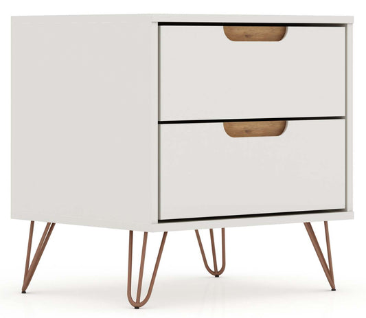Manhattan Comfort Rockefeller Mid-Century Modern Nightstand with 2 Drawers - Off White &amp; Natural|Table de nuit Rockefeller de Manhattan Comfort de style moderne du milieu du 20e siècle avec 2 tiroirs - blanc cassé et naturel
