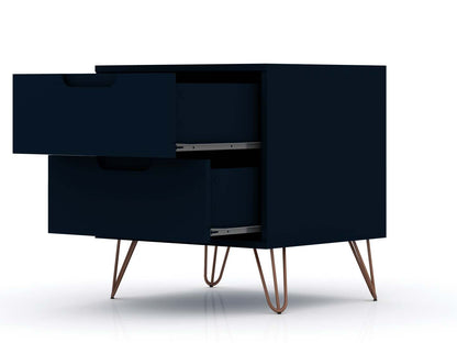Manhattan Comfort Rockefeller Mid-Century Modern Nightstand with 2-Drawers - Tatiana Midnight Blue|Table de nuit Rockefeller de Manhattan Comfort de style moderne du milieu du 20e siècle avec 2 tiroirs - bleu minuit Tatiana