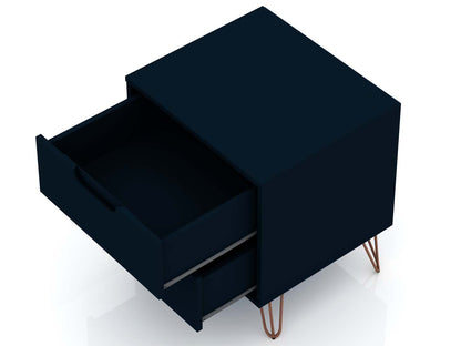 Manhattan Comfort Rockefeller Mid-Century Modern Nightstand with 2-Drawers - Tatiana Midnight Blue|Table de nuit Rockefeller de Manhattan Comfort de style moderne du milieu du 20e siècle avec 2 tiroirs - bleu minuit Tatiana