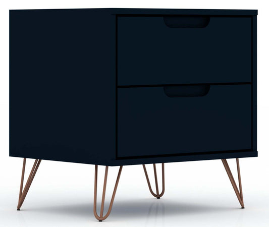 Manhattan Comfort Rockefeller Mid-Century Modern Nightstand with 2-Drawers - Tatiana Midnight Blue|Table de nuit Rockefeller de Manhattan Comfort de style moderne du milieu du 20e siècle avec 2 tiroirs - bleu minuit Tatiana