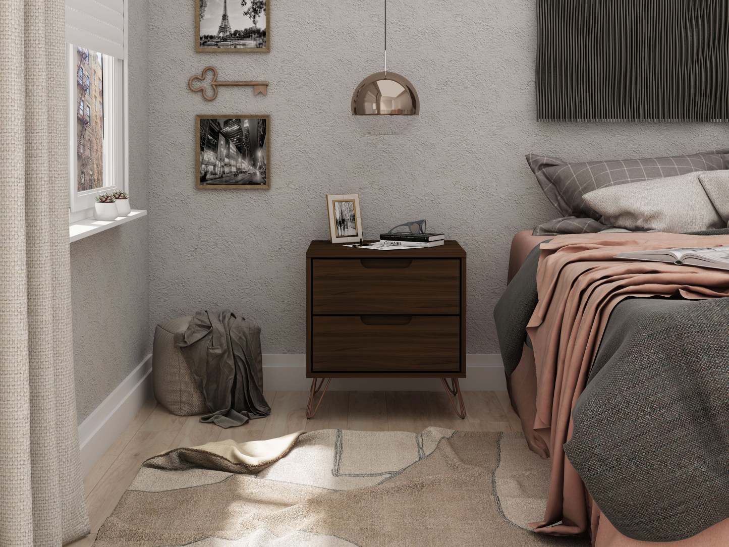 Manhattan Comfort Rockefeller Mid-Century Modern Nightstand with 2 Drawers - Brown|Table de nuit Rockefeller de Manhattan Comfort de style moderne du milieu du 20e siècle avec 2 tiroirs - brune