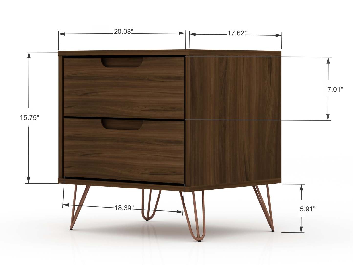 Manhattan Comfort Rockefeller Mid-Century Modern Nightstand with 2 Drawers - Brown|Table de nuit Rockefeller de Manhattan Comfort de style moderne du milieu du 20e siècle avec 2 tiroirs - brune