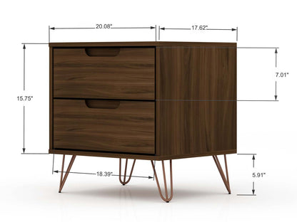 Manhattan Comfort Rockefeller Mid-Century Modern Nightstand with 2 Drawers - Brown|Table de nuit Rockefeller de Manhattan Comfort de style moderne du milieu du 20e siècle avec 2 tiroirs - brune