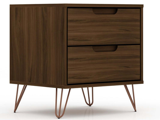 Manhattan Comfort Rockefeller Mid-Century Modern Nightstand with 2 Drawers - Brown|Table de nuit Rockefeller de Manhattan Comfort de style moderne du milieu du 20e siècle avec 2 tiroirs - brune