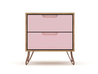 Manhattan Comfort Rockefeller Mid-Century Modern Nightstand with 2-Drawers - Natural &amp; Rose Pink|Table de nuit Rockefeller de Manhattan Comfort de style moderne du milieu du 20e siècle avec 2 tiroirs - naturelle et rose