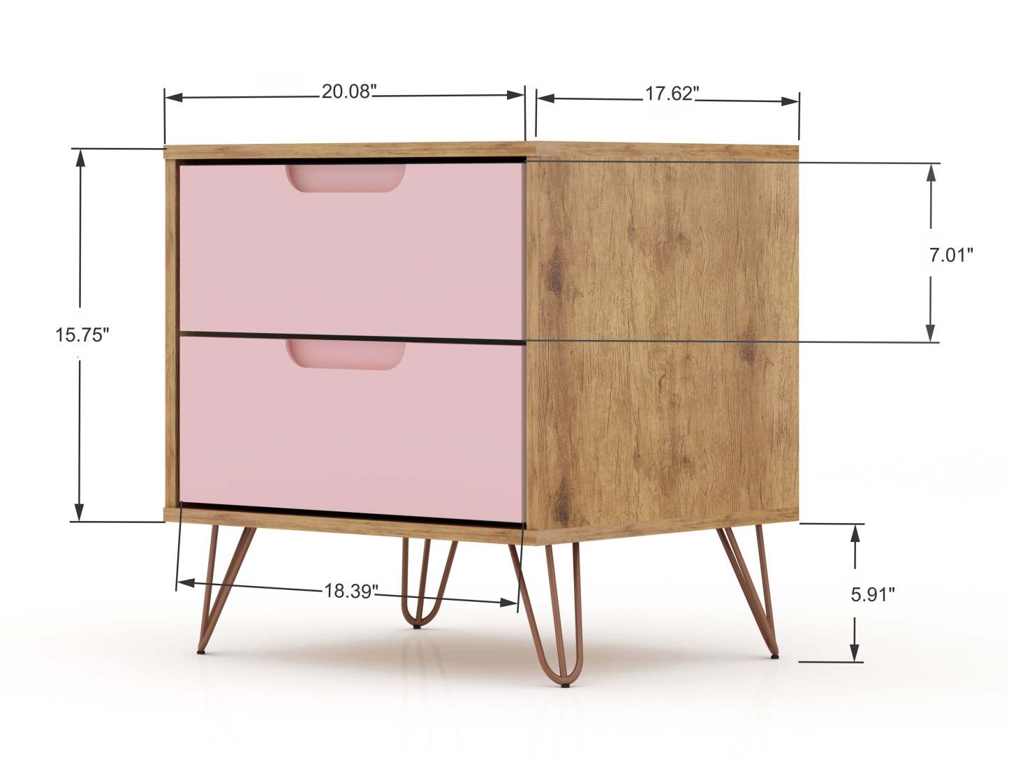Manhattan Comfort Rockefeller Mid-Century Modern Nightstand with 2-Drawers - Natural &amp; Rose Pink|Table de nuit Rockefeller de Manhattan Comfort de style moderne du milieu du 20e siècle avec 2 tiroirs - naturelle et rose