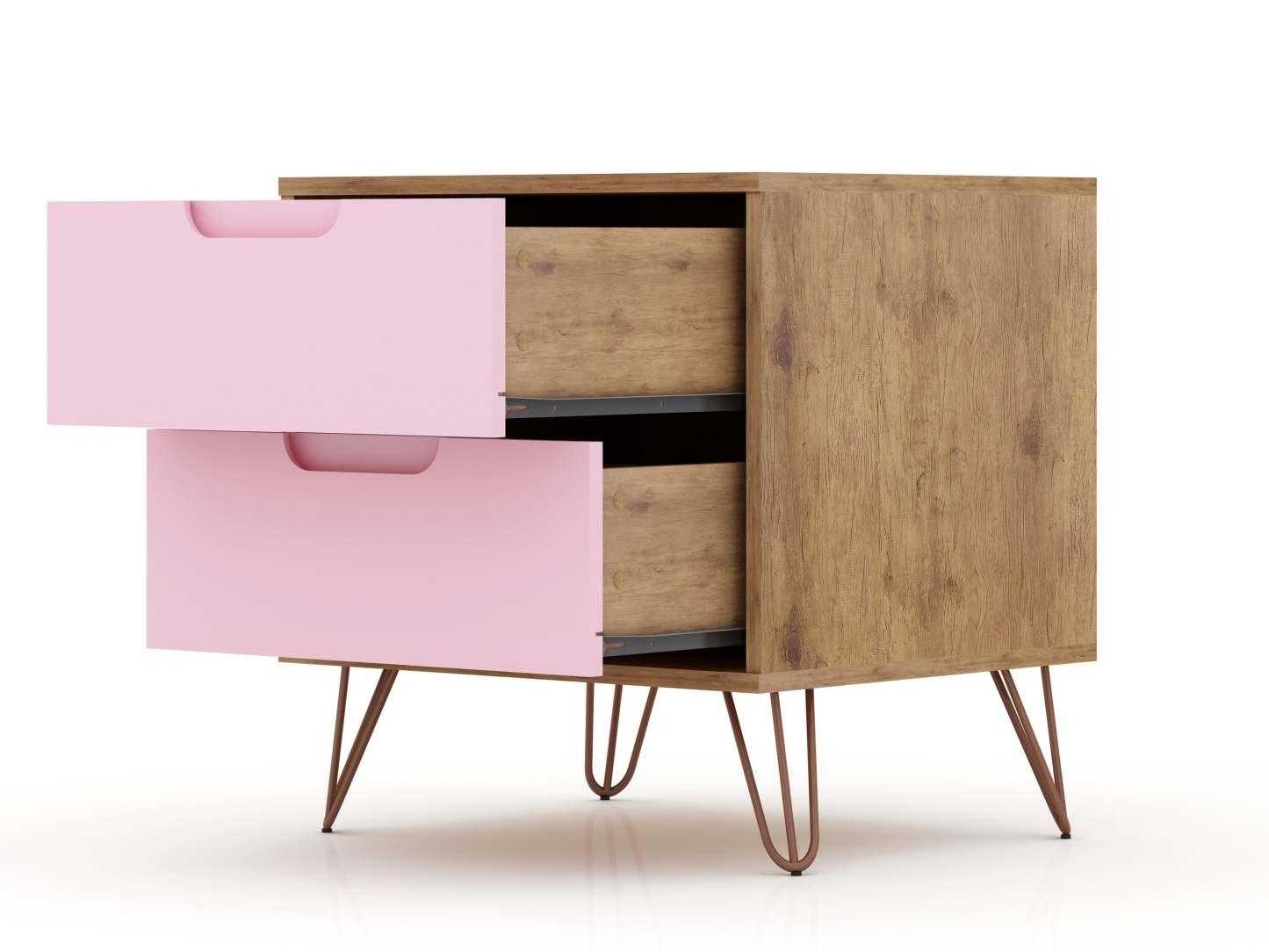 Manhattan Comfort Rockefeller Mid-Century Modern Nightstand with 2-Drawers - Natural &amp; Rose Pink|Table de nuit Rockefeller de Manhattan Comfort de style moderne du milieu du 20e siècle avec 2 tiroirs - naturelle et rose