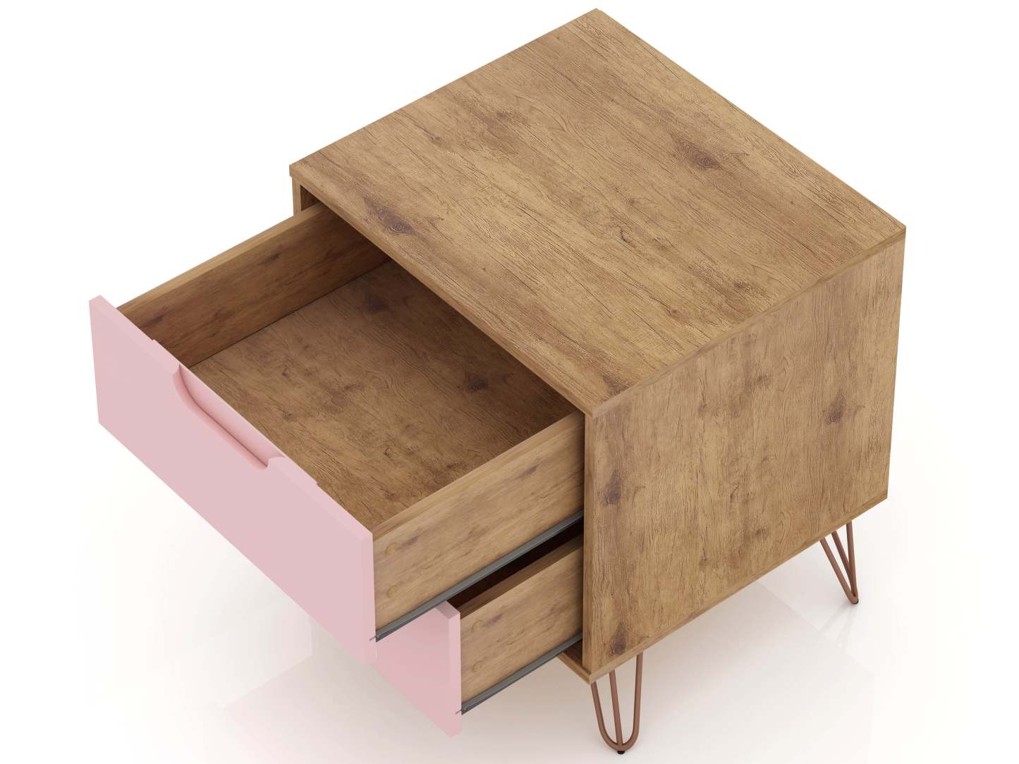 Manhattan Comfort Rockefeller Mid-Century Modern Nightstand with 2-Drawers - Natural &amp; Rose Pink|Table de nuit Rockefeller de Manhattan Comfort de style moderne du milieu du 20e siècle avec 2 tiroirs - naturelle et rose