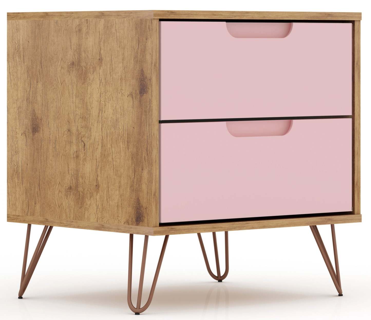 Manhattan Comfort Rockefeller Mid-Century Modern Nightstand with 2-Drawers - Natural &amp; Rose Pink|Table de nuit Rockefeller de Manhattan Comfort de style moderne du milieu du 20e siècle avec 2 tiroirs - naturelle et rose