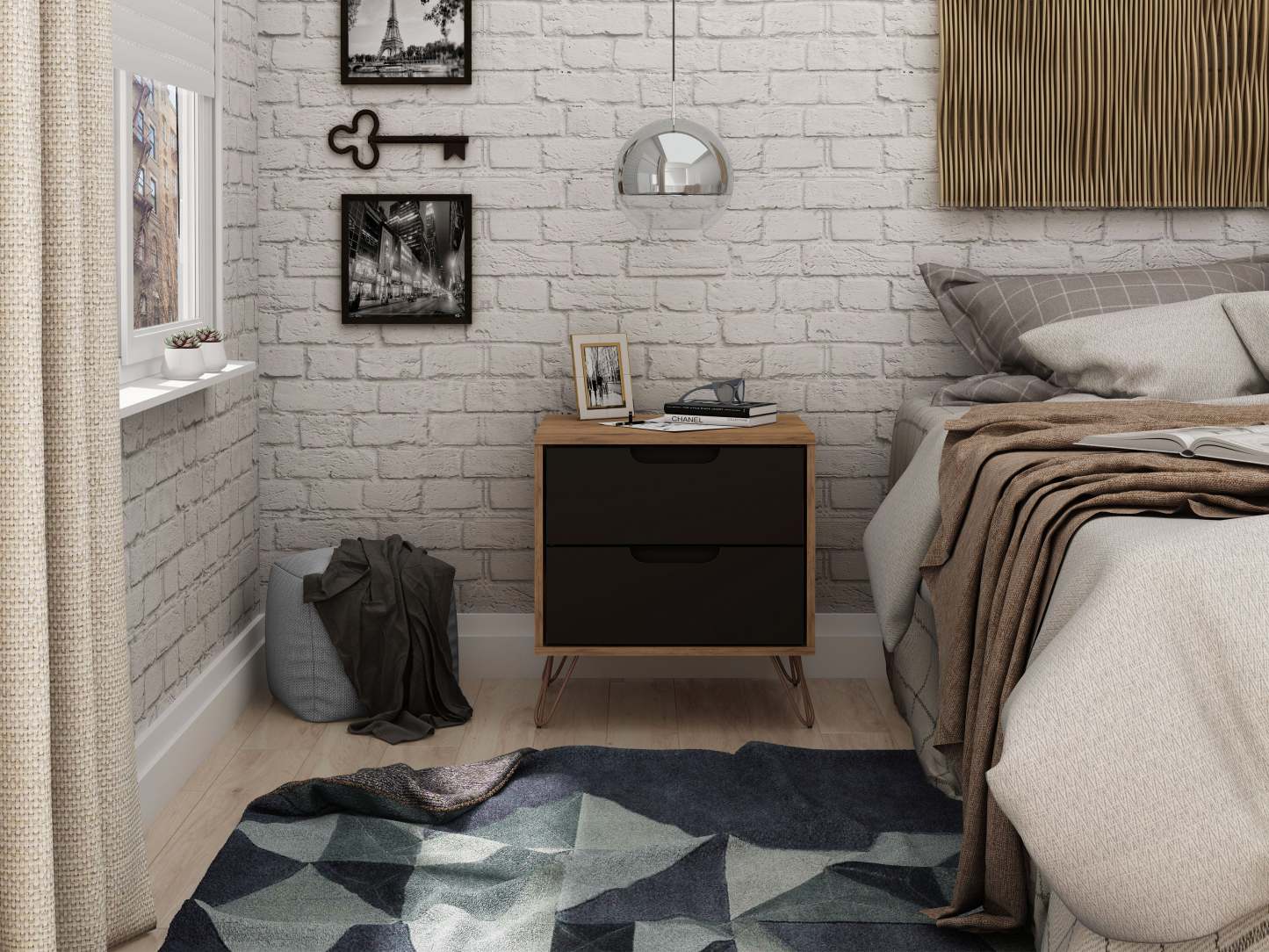 Manhattan Comfort Rockefeller Mid-Century Modern Nightstand with 2 Drawers - Texturé Gris|Table de nuit Rockefeller de Manhattan Comfort de style moderne du milieu du 20e siècle avec 2 tiroirs - gris texturé