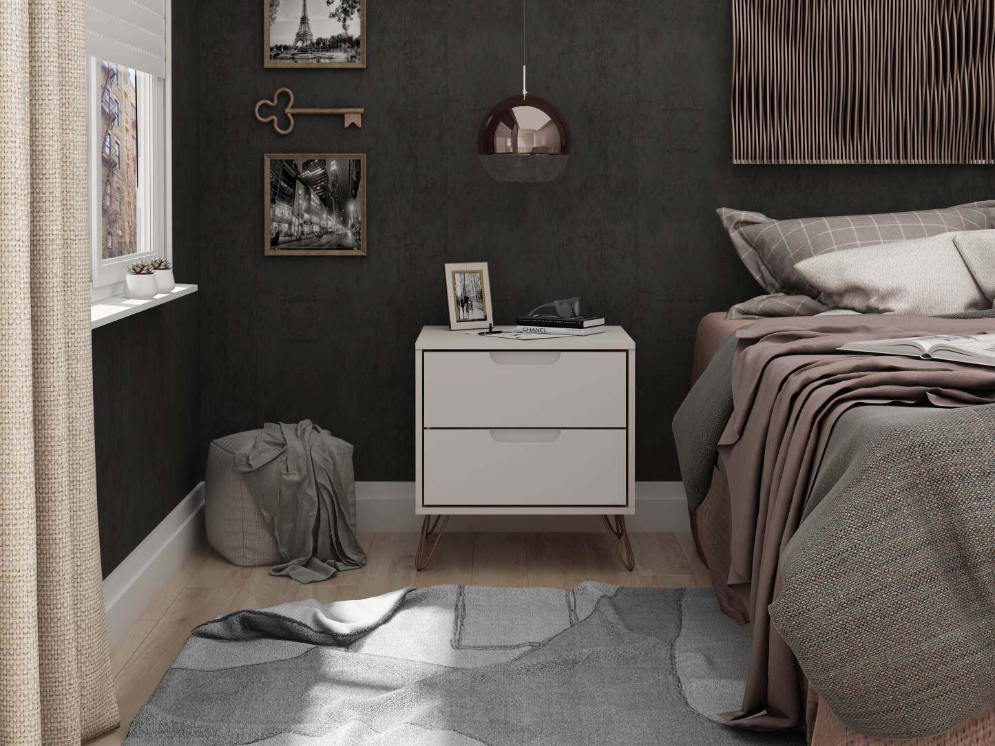 Manhattan Comfort Rockefeller Mid-Century Modern Nightstand with 2-Drawer|Table de nuit Rockefeller de Manhattan Comfort de style moderne du milieu du 20e siècle avec 2 tiroirs