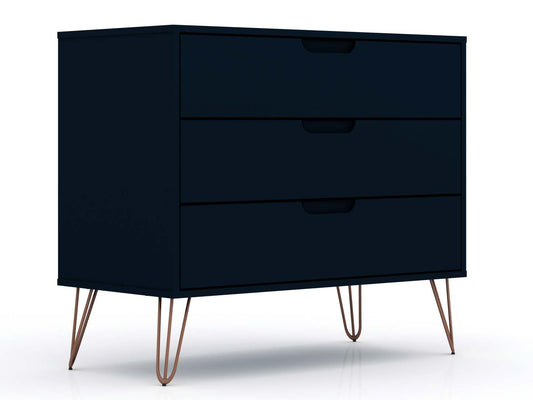 Manhattan Comfort Rockefeller Mid-Century Modern Dresser with 3-Drawers - Tatiana Midnight Blue|Commode Rockefeller de Manhattan Comfort de style moderne du milieu du 20e siècle avec 3 tiroirs - bleu minuit Tatiana