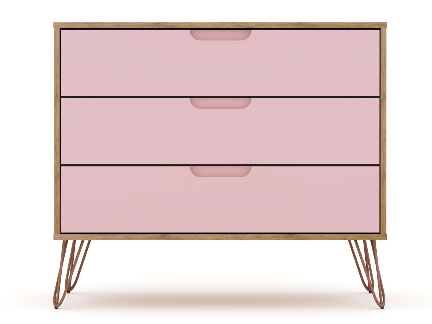Manhattan Comfort Rockefeller Mid-Century Modern Dresser with 3-Drawers - Natural &amp; Rose Pink|Commode Rockefeller de Manhattan Comfort de style moderne du milieu du 20e siècle avec 3 tiroirs - naturelle et rose
