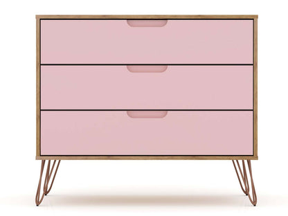Manhattan Comfort Rockefeller Mid-Century Modern Dresser with 3-Drawers - Natural &amp; Rose Pink|Commode Rockefeller de Manhattan Comfort de style moderne du milieu du 20e siècle avec 3 tiroirs - naturelle et rose