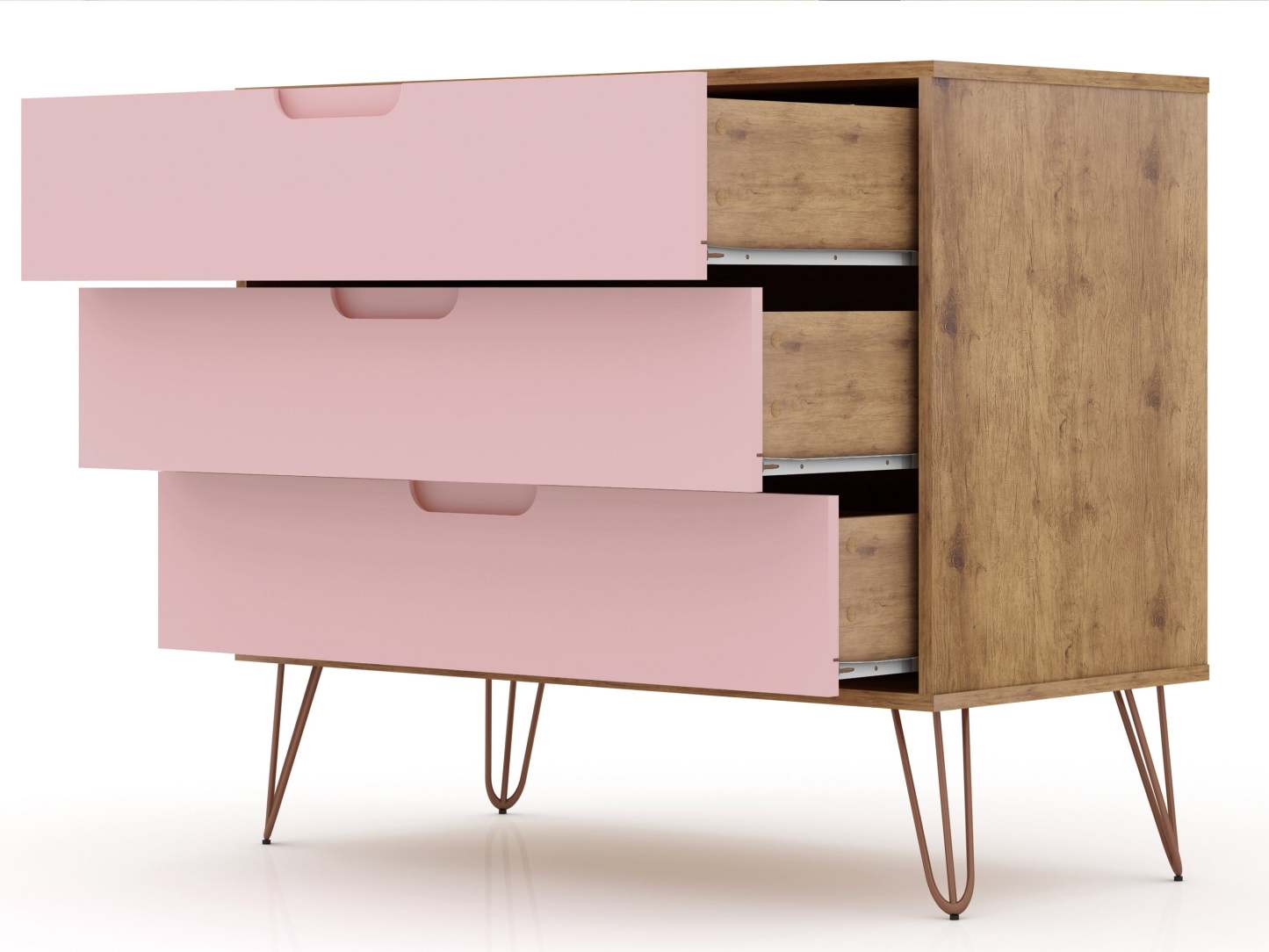 Manhattan Comfort Rockefeller Mid-Century Modern Dresser with 3-Drawers - Natural &amp; Rose Pink|Commode Rockefeller de Manhattan Comfort de style moderne du milieu du 20e siècle avec 3 tiroirs - naturelle et rose