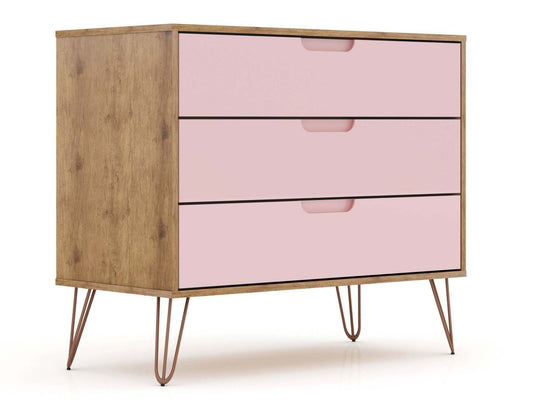 Manhattan Comfort Rockefeller Mid-Century Modern Dresser with 3-Drawers - Natural &amp; Rose Pink|Commode Rockefeller de Manhattan Comfort de style moderne du milieu du 20e siècle avec 3 tiroirs - naturelle et rose
