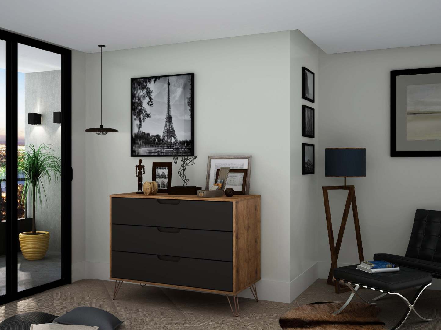 Manhattan Comfort Rockefeller Mid-Century Modern Dresser with 3-Drawers - Natural &amp; Texturé Grey|Commode Rockefeller de Manhattan Comfort de style moderne du milieu du 20e siècle avec 3 tiroirs - naturel et gris texturé