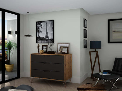 Manhattan Comfort Rockefeller Mid-Century Modern Dresser with 3-Drawers - Natural &amp; Texturé Grey|Commode Rockefeller de Manhattan Comfort de style moderne du milieu du 20e siècle avec 3 tiroirs - naturel et gris texturé