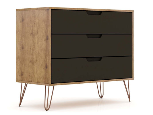 Manhattan Comfort Rockefeller Mid-Century Modern Dresser with 3-Drawers - Natural &amp; Texturé Grey|Commode Rockefeller de Manhattan Comfort de style moderne du milieu du 20e siècle avec 3 tiroirs - naturel et gris texturé
