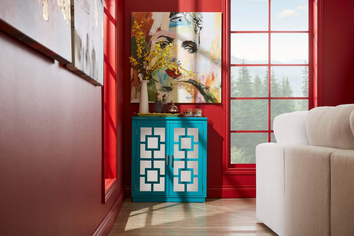 Darci 31.5 Armoire d'appoint avec portes miroir - Bleu|Armoire décorative Darci de 31,5 po avec portes en miroir - bleue