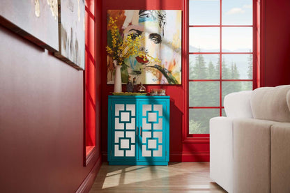 Darci 31.5 Armoire d'appoint avec portes miroir - Bleu|Armoire décorative Darci de 31,5 po avec portes en miroir - bleue