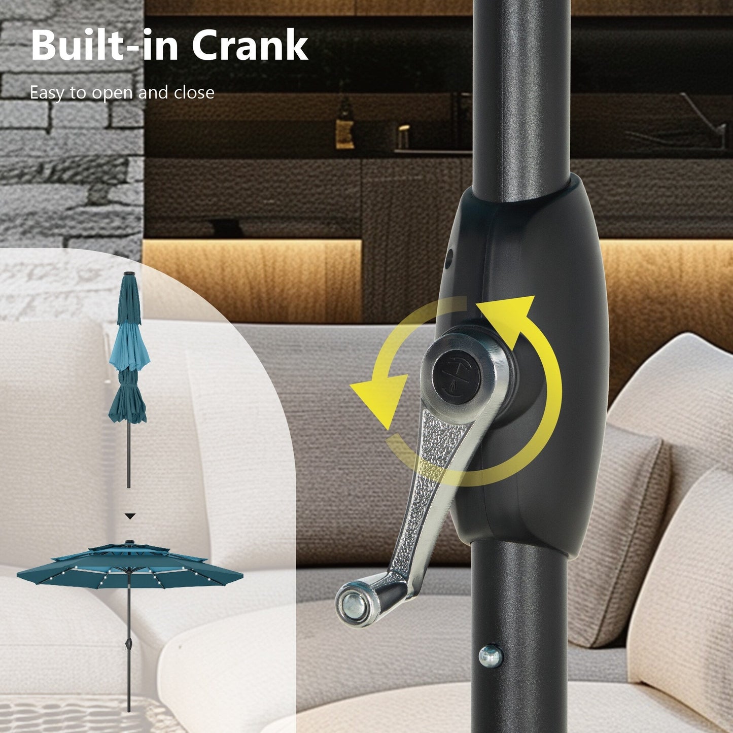 Parasol de terrasse MAISON ARTS de 3 m (10 pi) à 3 niveaux, à inclinaison automatique, double ventilation et éclairage LED