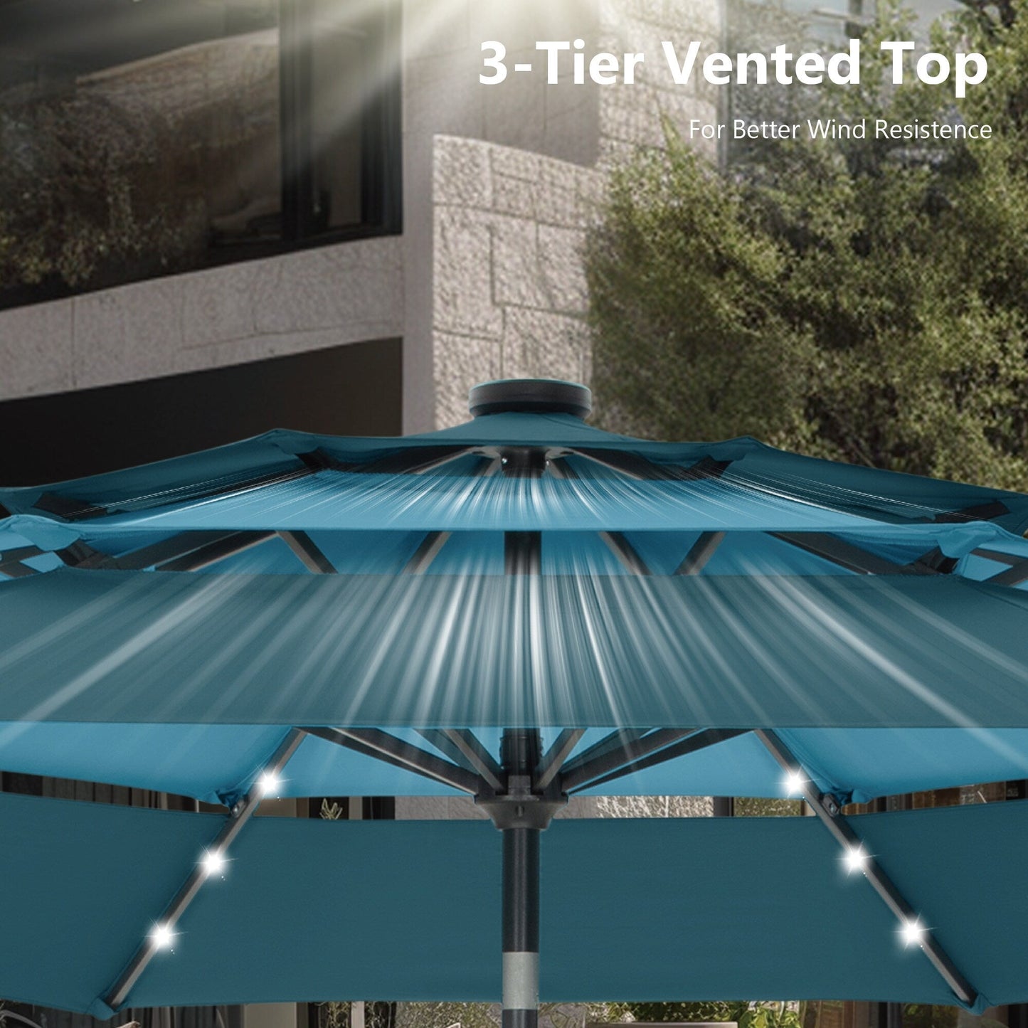 Parasol de terrasse MAISON ARTS de 3 m (10 pi) à 3 niveaux, à inclinaison automatique, double ventilation et éclairage LED