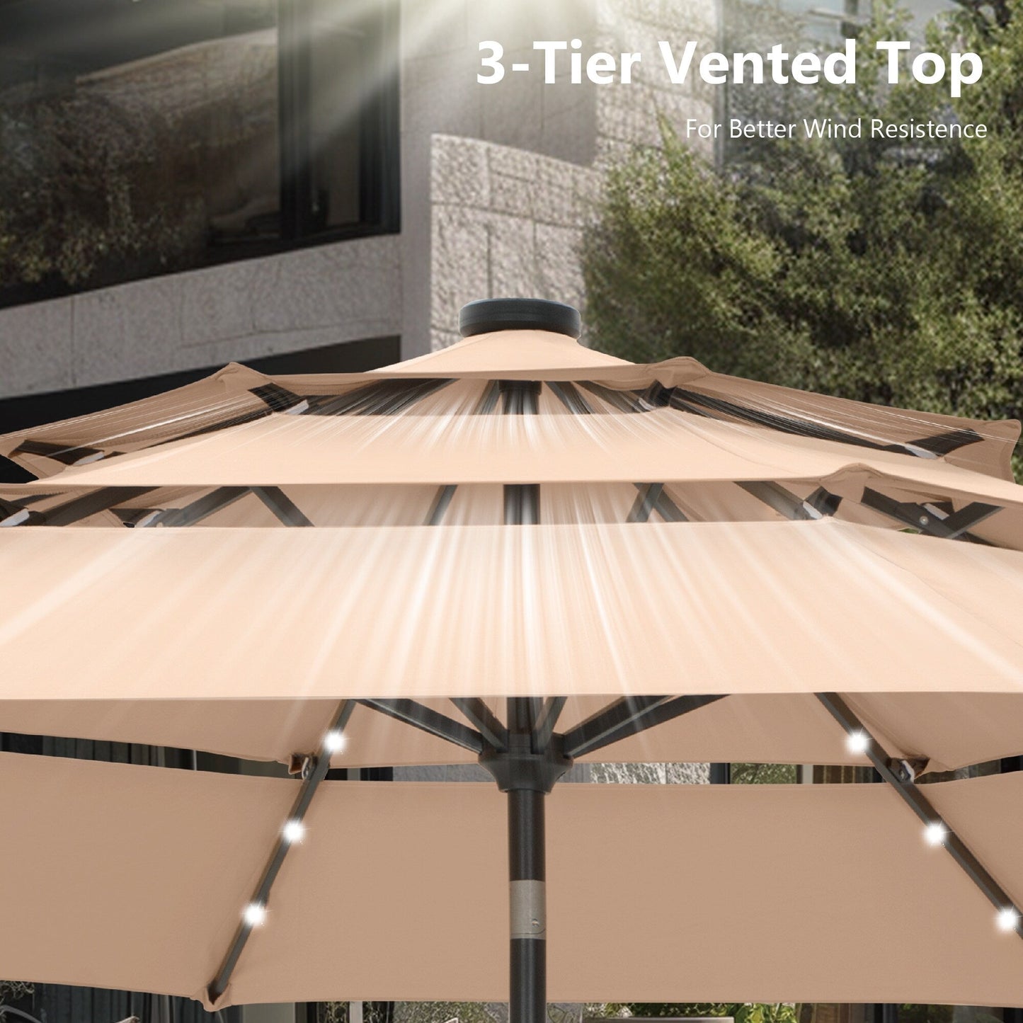 Parasol de terrasse MAISON ARTS de 3 m (10 pi) à 3 niveaux, à inclinaison automatique, double ventilation et éclairage LED