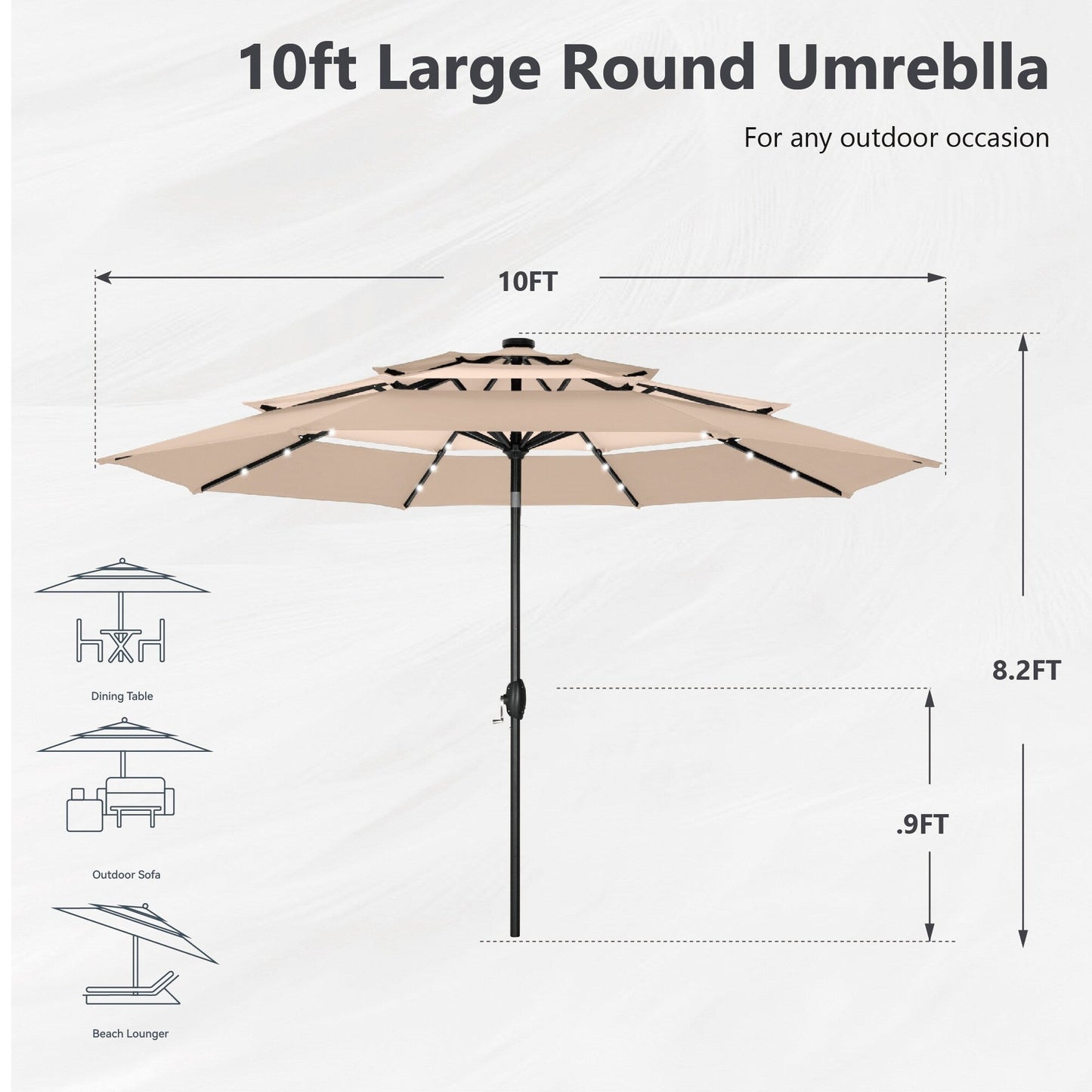 Parasol de terrasse MAISON ARTS de 3 m (10 pi) à 3 niveaux, à inclinaison automatique, double ventilation et éclairage LED