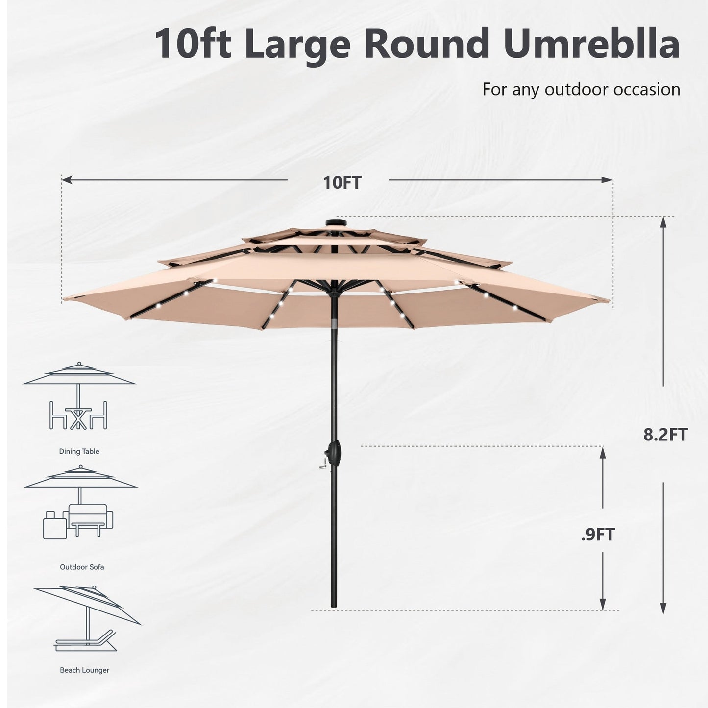 Parasol de terrasse MAISON ARTS de 3 m (10 pi) à 3 niveaux, à inclinaison automatique, double ventilation et éclairage LED