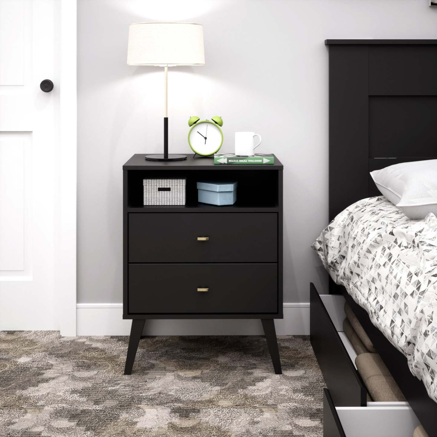 Milo 2-Drawer Tall Nightstand - Black|Table de nuit haute Milo à 2 tiroirs - noire