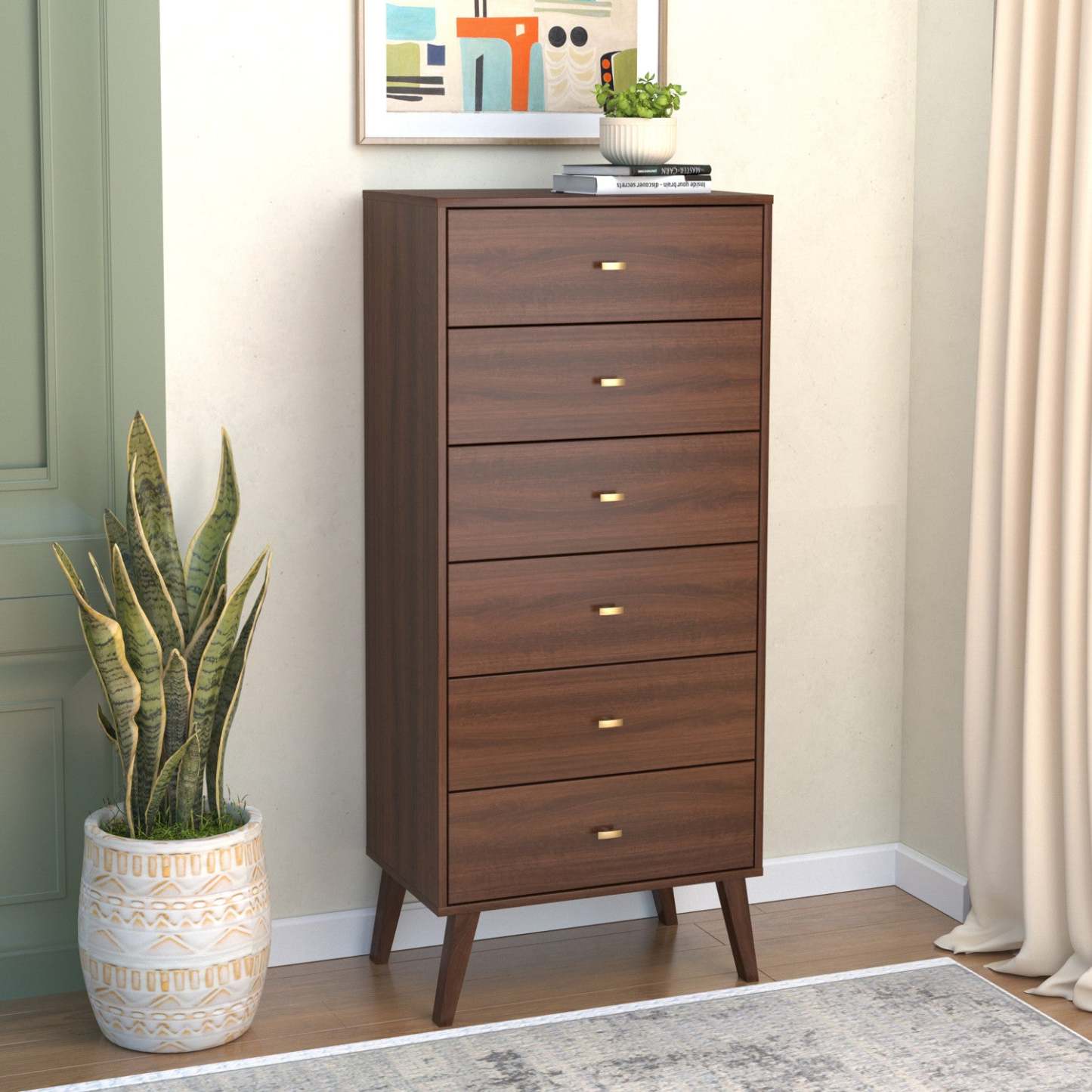 Commode haute Milo à 6 tiroirs - Cerisier|Commode verticale haute Milo à 6 tiroirs - cerisier