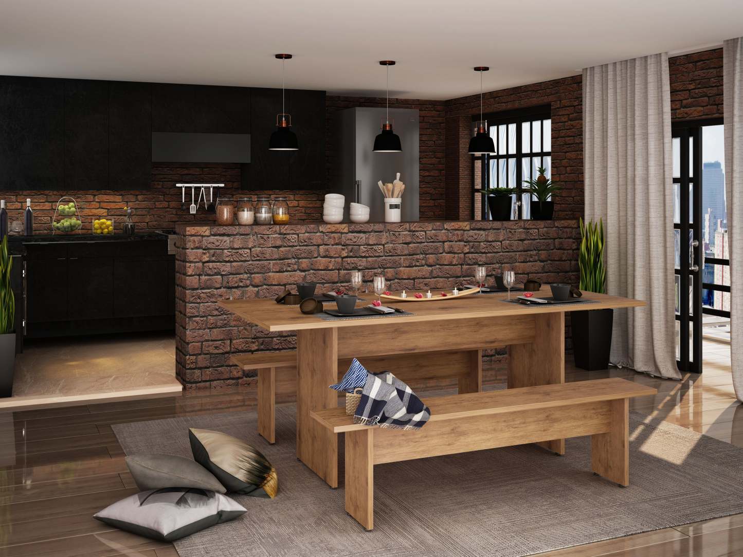 Manhattan Comfort Nomad 67.91 Rustic Country Dining Table - Natural|Table champêtre rustique Nomad de Manhattan Comfort de 67,91 po pour la salle à manger - naturelle