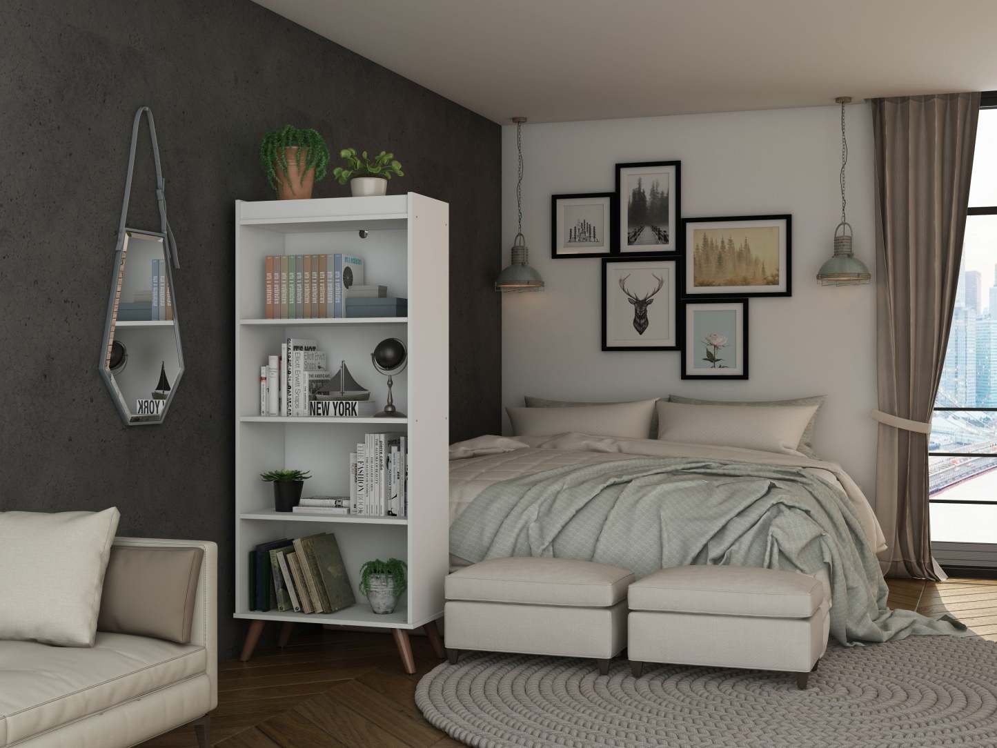 Manhattan Comfort Hampton 4-Tier Bookcase with Solid Wood Legs - White|Bibliothèque Hampton de Manhattan Comfort à 4 étages avec pattes en bois massif - blanche