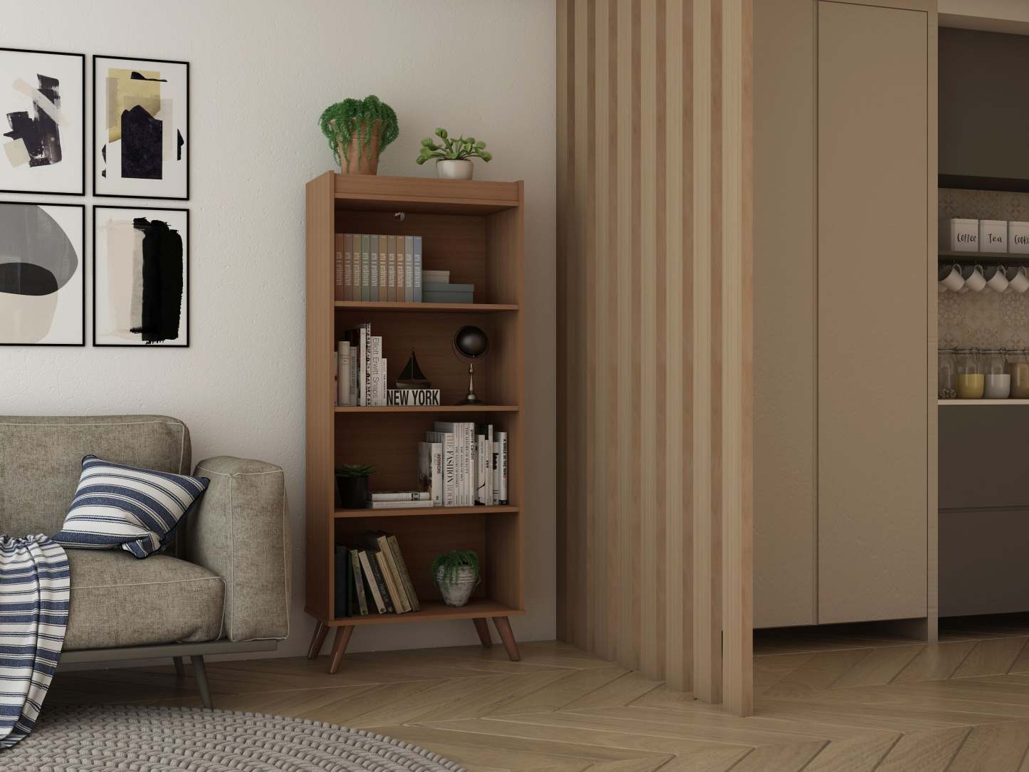 Manhattan Comfort Hampton 4-Tier Library with Solid Wood Legs - Maple Cream|Bibliothèque Hampton de Manhattan Comfort à 4 étages avec pattes en bois massif - crème d'érable