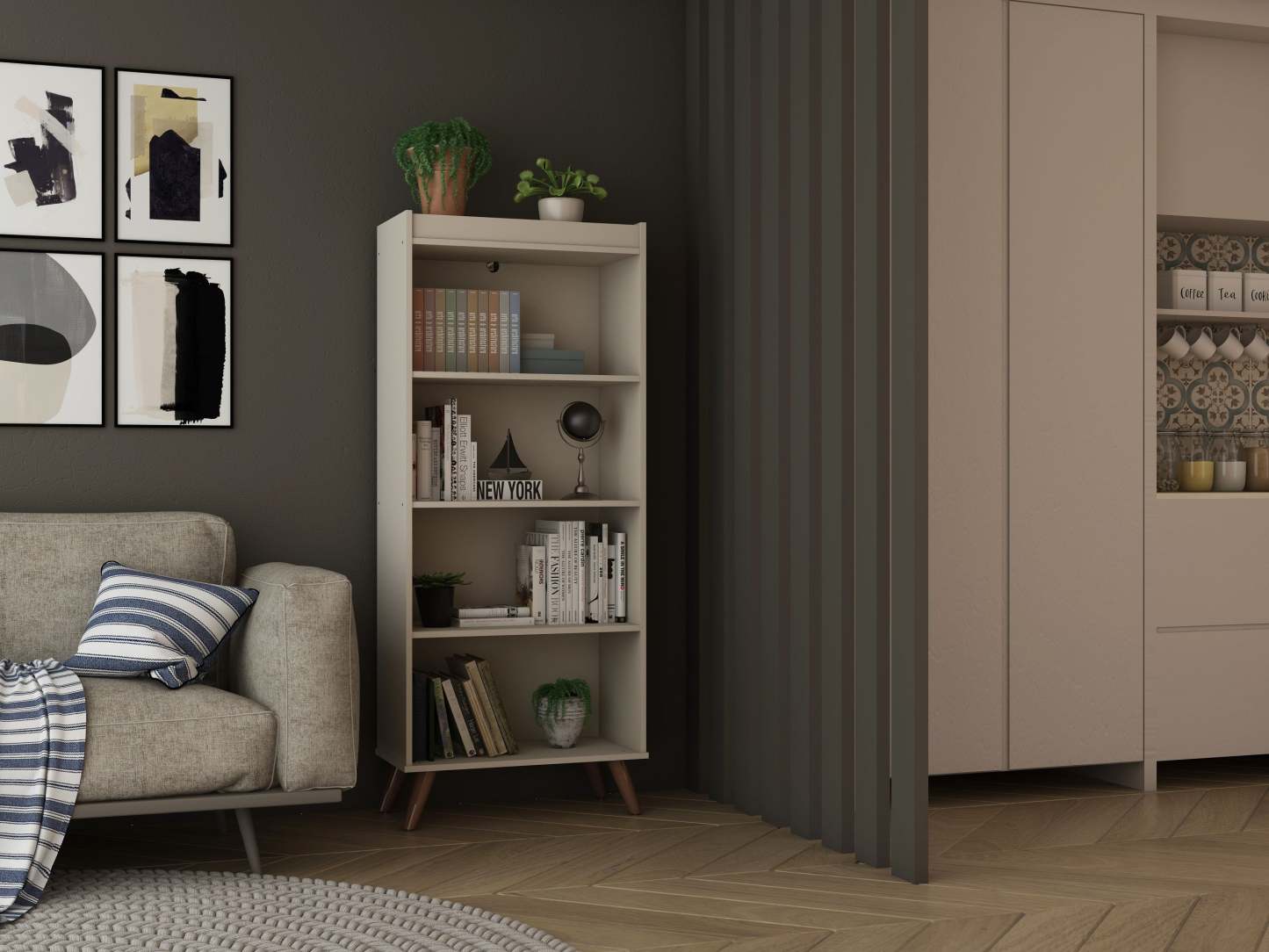 Manhattan Comfort Hampton 4-Tier Bookcase with Solid Wood Legs - Off White|Bibliothèque Hampton de Manhattan Comfort à 4 étages avec pattes en bois massif - blanc cassé