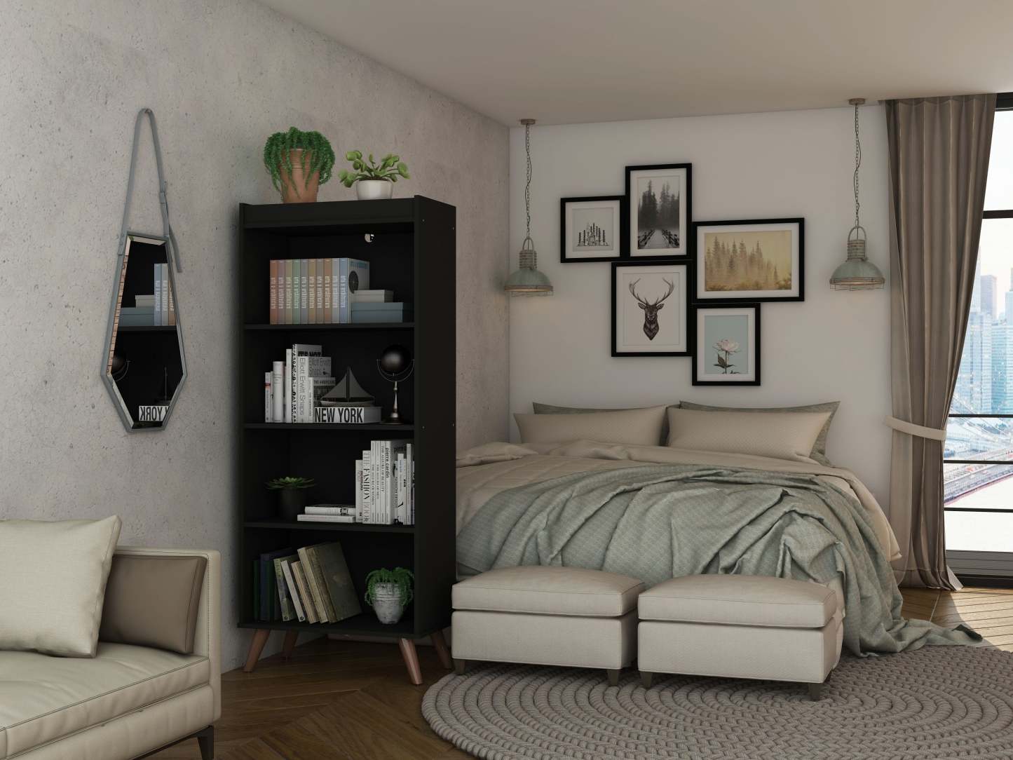 Manhattan Comfort Hampton 4-Tier Bookcase with Solid Wood Legs - Black|Bibliothèque Hampton de Manhattan Comfort à 4 étages avec pattes en bois massif - noire