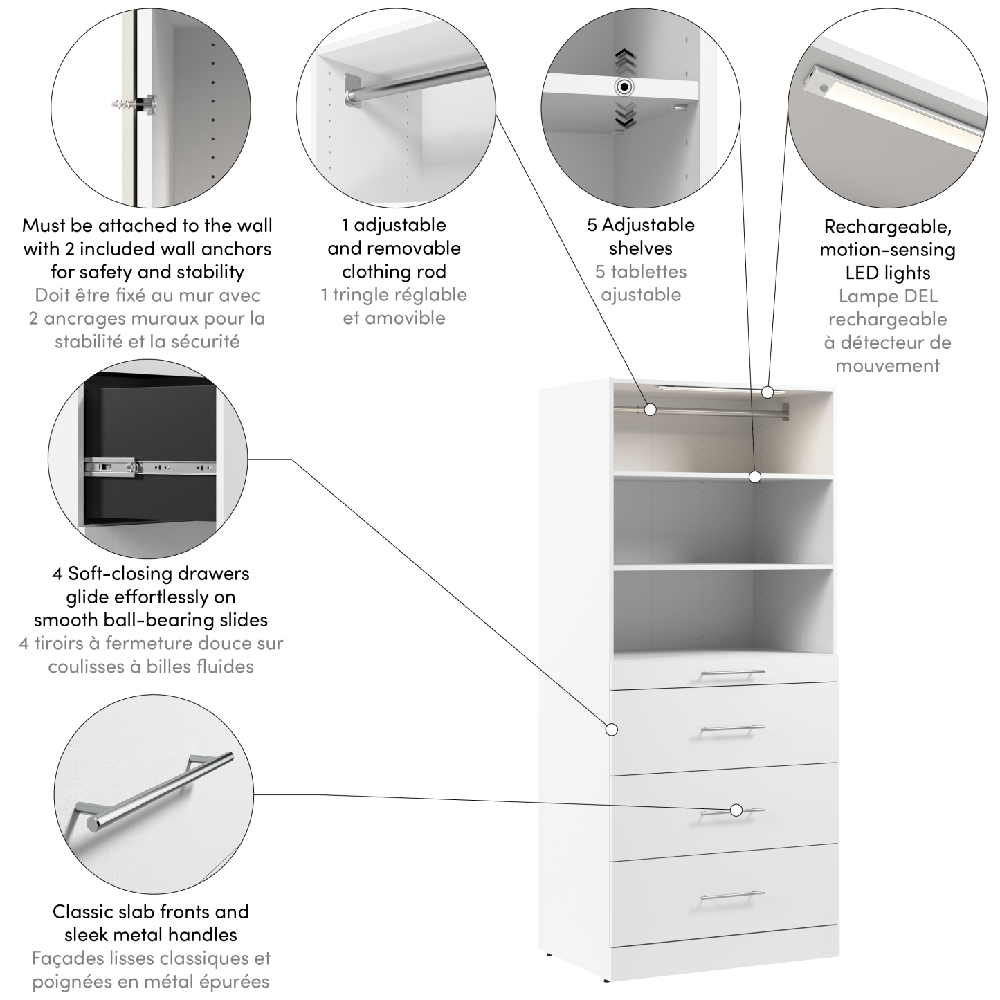 Système de tour garde-robe et pièce-penderie modulaire Florence de Bestar de 36 po avec éclairage à LED, étagères et 4 tiroirs