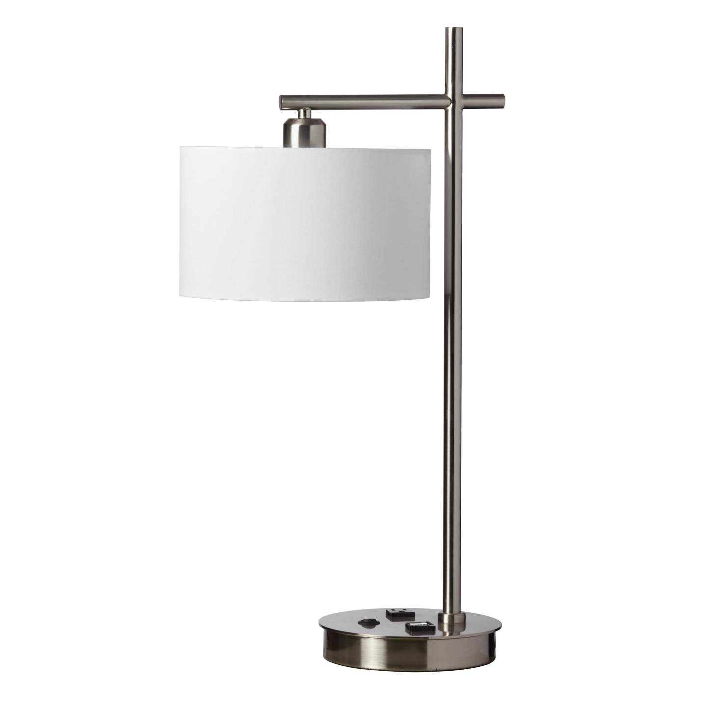 Dainolite 1 Light Table Lamp USB Port Satin Chrome Finish White Shade|Lampe de table de Dainolite avec abat-jour blanc, fini chrome satiné et 1 ampoule avec port USB